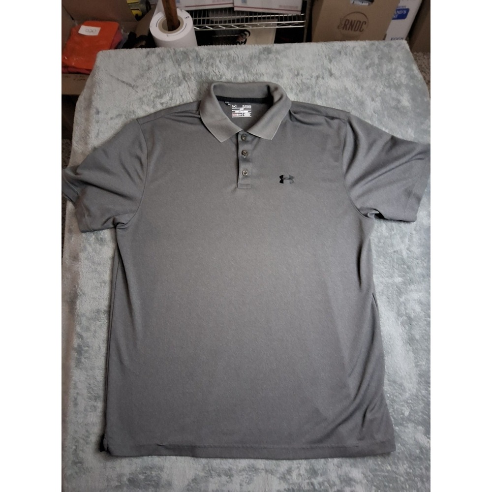 Mens Grey Under Armour Golf Polo Shirt Heat Gear Size XL Short Sleeve Loose Fit